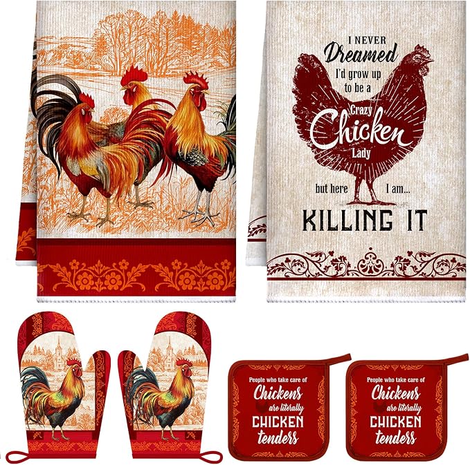 Leinuosen 6 Christmas Red Rooster Farmhouse Kitchen Decor Dish Towels Oven Mitts and Pot Holders Sets Chicken Kitchen Towels Absorbent Decorative Accessories for Cooking Baking Grilling