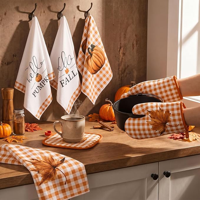 Fanfanwin 10 Pcs Fall Pumpkin Kitchen Decor Set Maple Leaves Kitchen Towels Pot Holders Oven Mitts and Rugs Set for Cooking Baking Gift Harvest Autumn Home Decor