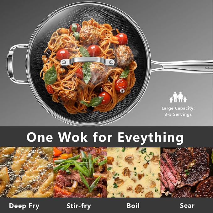 SAKAMOSH Hybrid 12inch Wok with Lid, Stainless Steel Woks & Stir-Fry Pans Nonstick, Non Toxic, PFAS PFOA PTFE Free, Dishwasher and Oven Safe, Works on Induction