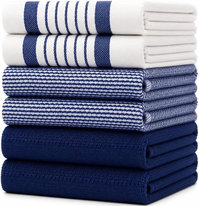Premium Kitchen Towels 6 Pack 100% Cotton 20"x28" Dish Towels Navy Striped | Large Flat & Terry Kitchen Linen Set with Hanging Loops, Highly Absorbent for Washing and Drying Dishes
