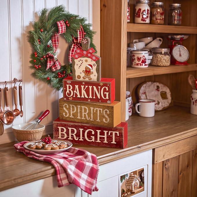 Lineshading 4 Pcs Gingerbread Baking Wood Block Signs, Farmhouse Decor | Rustic Tiered Tray Decor with Phrases, For Christmas Kitchen or Holiday Tabletop, Wooden Farmhouse Style