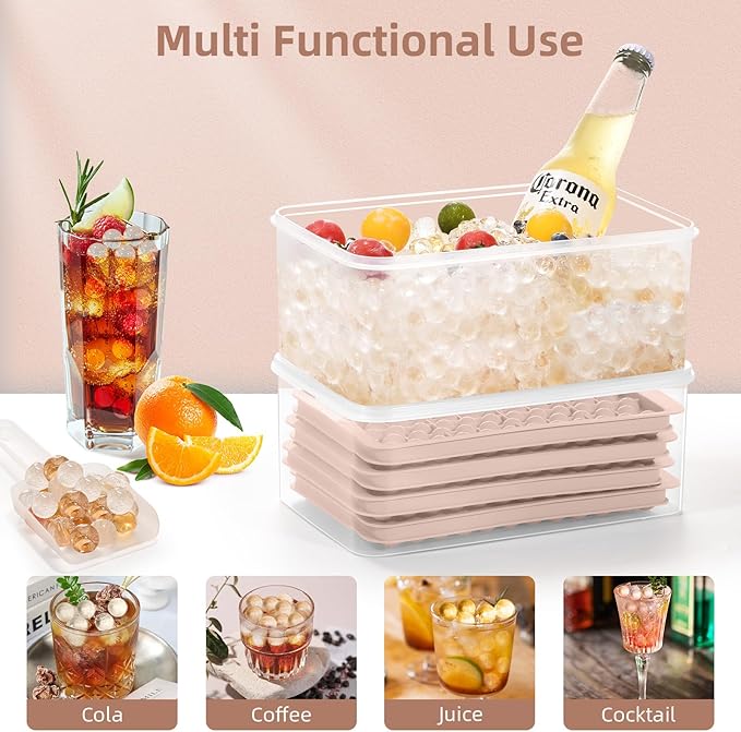 Mini Ice Cube Trays for Freezer with Lid, 0.55" Pebble Ice | 4 Trays-Pink, with Ice Box & Scoop. for Iced Coffee, Bottles, Juice & Everyday Drinks, Easy Twist Release, Stackable