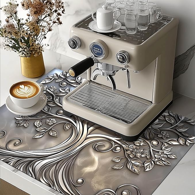 HOMETITUTE Silver Floral Tree Stove Top Cover 28x20 Embossed Diatomite Mat