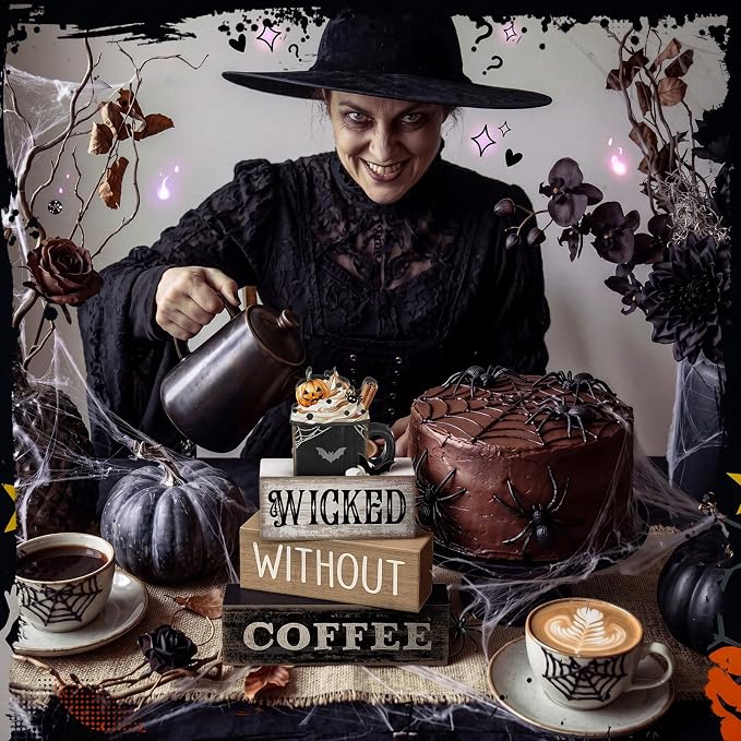 Lineshading 4 Pcs Halloween Coffee Table Decor, Gothic Black Wood Sign Home | Gothic Black Mug with Pumpkin Spider, Halloween Coffee Bar Centerpiece, Rustic Wood Stacked Sign, Holiday Kitchen Shelf Decor
