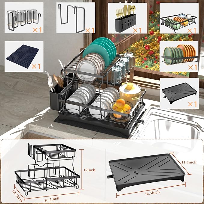 2-Tier Dish Drying Rack - Dish Rack with Auto Drain-to-Sink & Mat | Dish Racks for Kitchen Counter, Dish Drainer with Knife Fork & Cup Rack, Gifts for Women, Mothers Day, Kitchen Gadgets, Black