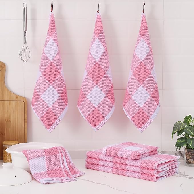 Homaxy Kitchen Towels and Dishcloths Set, Set of 12, White & Pink | Bulk Cotton Waffle Weave Check Plaid Kitchen Towels, Super Soft and Absorbent Dish Cloths, 12 x 12 and 13 x 28 Inches