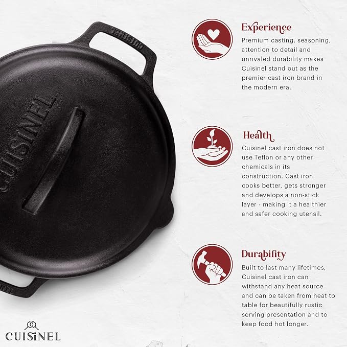 Cuisinel Cast Iron Skillet + Cast Iron Lid Set - 10+12"-Inch Dual Handle Frying Pans + Pan Scraper + Silicone Handle Covers - Preseasoned Indoor/Outdoor, Grill, Stovetop, Induction, Oven Cookware
