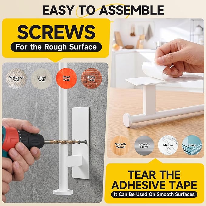 Paper Towel Holder Wall Mount,No Drill,SUS304 Steel, Space Saving | Maximize countertop space with secure roll storage. Fits kitchens, bathrooms, RVs and pantries with flexible mounting options