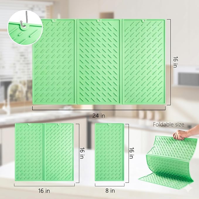 Green Silicone Dish Drying Mat for Kitchen Counter, Collapsible Trifold Large Dish Drainer Mat, Drying Mat with Hook, 24x16In Non-Slip Silicone Sink Mat, Easy to Clean