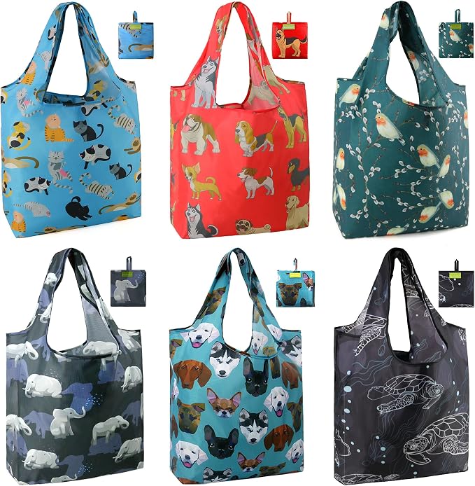 BeeGreen Animal Reusable Shopping Bags Cute Grocery Bag 6 Pack, Christmas Gift Bags Heavy-Duty Foldable Shopping Totes for Supermarket, Work & Travel, Large Washable Polyester Tote Bag with Handles