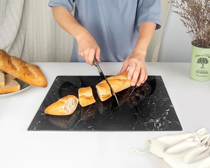 Glass Cutting Board 16"x12": Tempered Glass Kitchen Counter Protector - Durable- Scratch-Resistant, Heat-Proof - Design 1 - Black Marble Effect