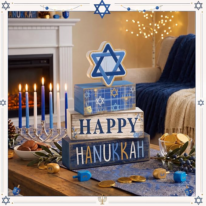 Lineshading 4 Pcs Wooden Hanukkah Block Signs Farmhouse Tiered Decor | Rustic Wood Tabletop Pieces, Stacked Design, Star of David Theme, Festival Centerpiece for Home, Celebration Gift