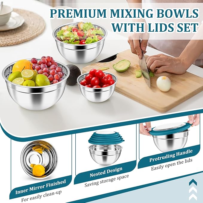 P&P CHEF Metal Mixing Bowls with Lids Set, Visible Airtight Lids & Blue | 5 PCS Stainless Steel Mixing Nesting Bowls for Kitchen Prepping, Storing, Healthy & Easy Clean, Size 4.6, 3, 1.5, 1, 0.7 QT
