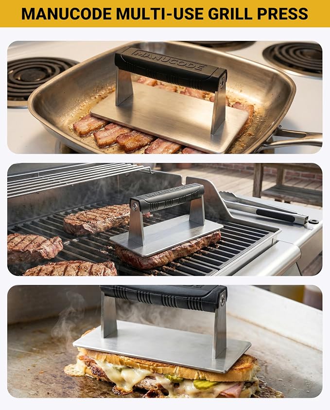Smash Burger Press, Dishwasher Safe, 8 x 4.25 in, 2.5 lb | Rectangular bacon press with silicone handle, preheatable stainless steel for barbecue and flat top griddle fans