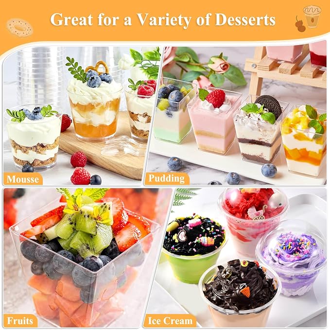 Plastic Dessert Cups with Lids and Spoons 3 oz, 3.5 oz and 5 oz | Mini Dessert Cups with Lids, Clear Yogurt Cups with Lid, Small Appetizer Cups for Fruit Party Pudding Shooter 185 packs