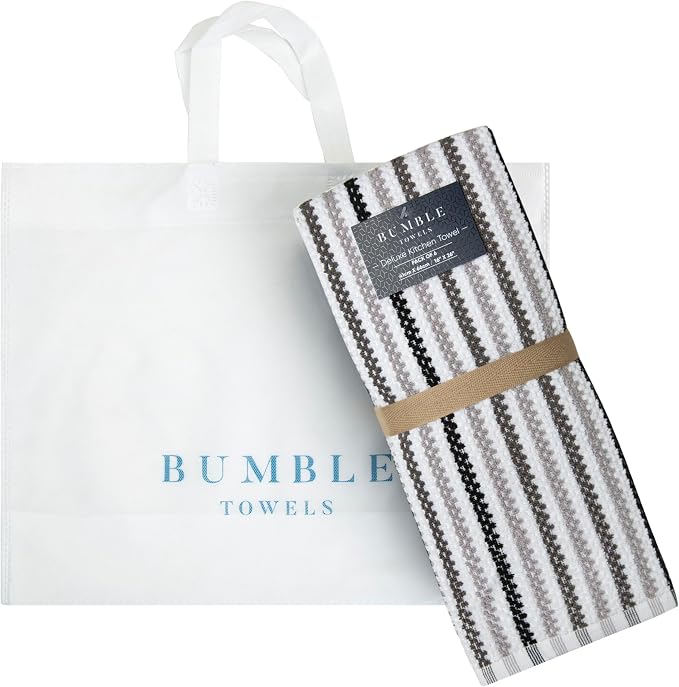 Bumble Kitchen Towels 6 Pack 100% Cotton 16"x26" - Black Wide Stripe | 430 GSM Soft Kitchen Hand Towels with Hanging Loop, Highly Absorbent & Durable for Washing and Drying Dishes