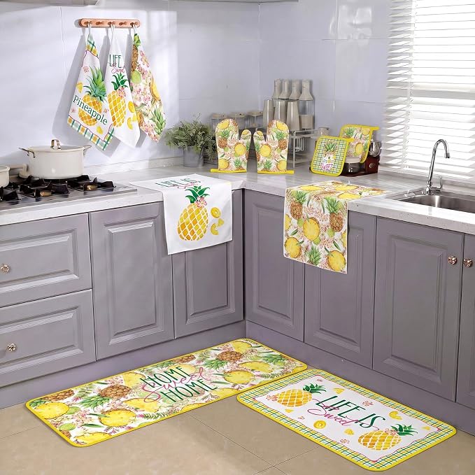 Fourluoo 10 Pcs Pineapple Kitchen Decor and Accessories Set Pineapple Kitchen Rugs and Towels Pot Holders Oven Mitts Set for Cooking Baking Mom Housewarming Gifts