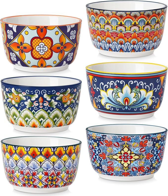 vancasso 8 Oz Ramekins Oven Safe Set of 6, Ceramic Baking Souffle Dishes | Bohemian Ramekins for Creme Brulee, Souffle, Custard, Pudding, Small Bowls for Snacks, Ice Cream, Microwave & Dishwasher Safe