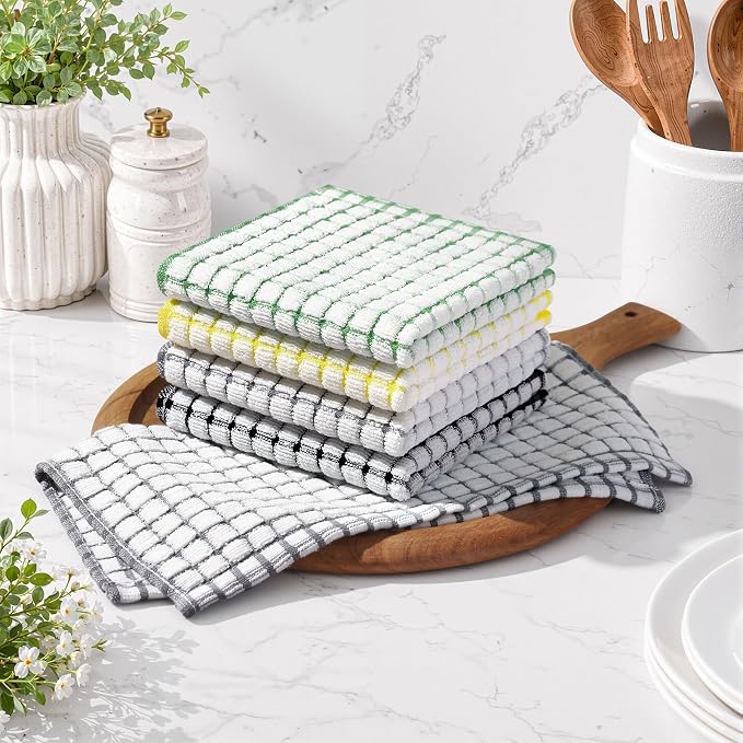 Homaxy 8 Pack Terry Kitchen Dish Cloths, 12"x12", Black/Grey/Green/Yellow | Super Soft and Absorbent Dish Rags, Quick Drying Reusable Dish Towels for Washing Dishes