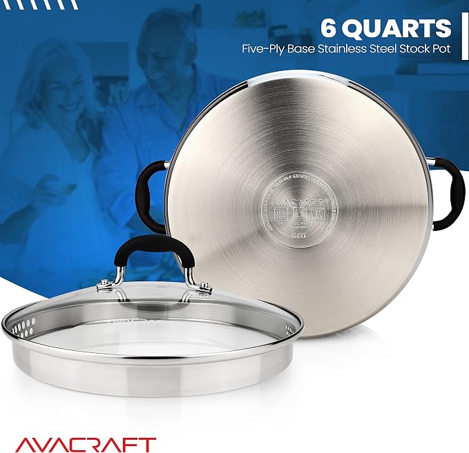 AVACRAFT 6 Quart Stainless Steel Stock Pot with Glass Strainer Lid | 5-Layer Capsule Base, Tempered Glass Strainer Lid, Drip-Free Pour Spouts, Induction Compatible, Dishwasher Safe
