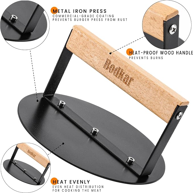 bodkar Smash Burger Press 6 inch, Round Burger Smasher Grill Press for Griddle Bacon Press Meat Steak Press with Wood Handle | for Griddle Bacon Press Meat Steak Press with Wood Handle