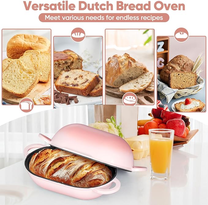 TeamFar Enameled Cast Iron Bread Loaf Pan, 2 QT Oval Dutch Oven with Lid | for Sourdough Bread Baking, Enameled Meatloaf Loaf Baking Pan with Lid, Even Heat Distribution & Self-Basting, Pink
