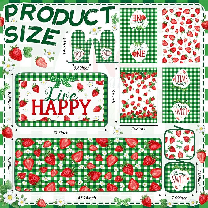 Fourluoo 10 Pcs Strawberry Kitchen Decor Set Dish Towels Rugs Oven Mitts and Pot Holders for Cooking Baking Grilling Women Mom Gift