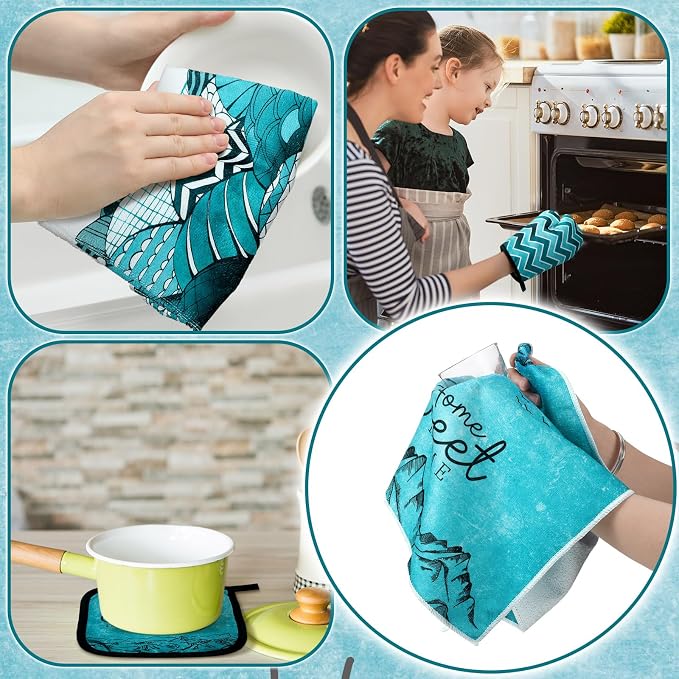 Bencailor 6 Pcs Boho Mountains Kitchen Towels Oven Mitts and Pot Holders Set Decorative Dish Towels Tea Washcloth Non Slip Heat Resistant Oven Gloves for Summer Home Cooking Baking, Turquoise