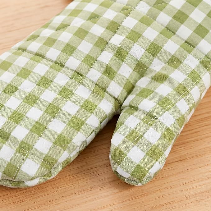 Twistover Checkered Oven Mitts 2-Pack Set, Cotton Gloves,Green | 13.5x6.5 Inch Size with Ruffle Trim, Non-slip Heat Resistant for Baking BBQ Microwave, Plaid Cotton for Cooking