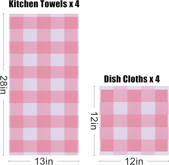 Homaxy Kitchen Towels and Dishcloths Set, Set of 12, White & Pink | Bulk Cotton Waffle Weave Check Plaid Kitchen Towels, Super Soft and Absorbent Dish Cloths, 12 x 12 and 13 x 28 Inches
