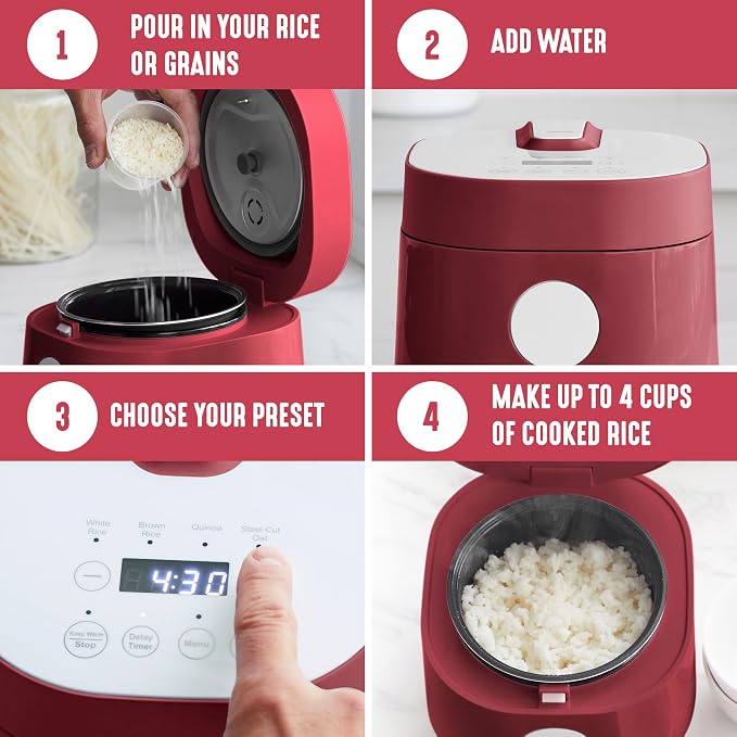 GreenLife Digital Rice Cooker, 2-Cups Uncooked/4-Cups Cooked, Red | PFAS-Free Ceramic Nonstick Coated 1.5QT Pot, One-Touch Presets, Oats, Quinoa, Brown Rice, Auto Warming, Fuzzy Logic Tech