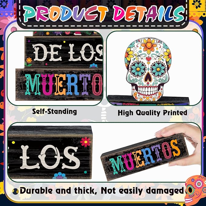 Lineshading 4 Pcs Day Of The Dead Table Decorations Sugar Skull Decor | Rustic Dia De Los Muertos Decor for Farmhouse Tabletop Tiered Tray, Stacked Blocks for Halloween Party Home Shelf Decoration