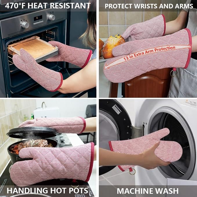 Yarn Dyed Oven Mitts 1 Pair， 100% Cotton Heat Resistant 470 Degree | Oven Gloves for Men Women Cooking Baking Barbecue BBQ Microwave Crafting Machine Washable Pot Holders Mittens (Red 2)
