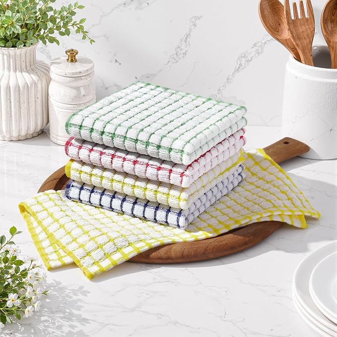 Homaxy 8 Pack Terry Kitchen Dish Cloths, 12"x12", Blue/Yellow/Red/Green | Super Soft and Absorbent Dish Rags, Quick Drying Reusable Dish Towels for Washing Dishes