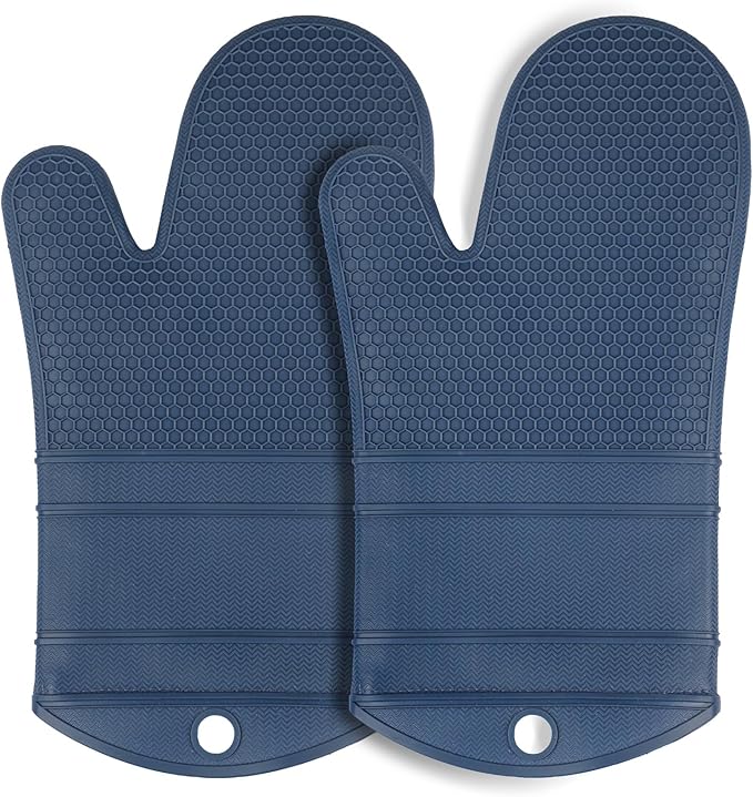 YUTAT Silicone Oven Mitts,Heat Resistant Oven Gloves with Soft Polyester Filling,Perfect for BBQ, Baking and Cooking,Blue,2 Pcs Set