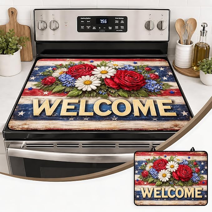 Patriotic Electric Stove Top Cover | Heat Resistant Glass Cooktop Protector for Kitchen Ceramic Countertops, Multiuse Stove Cover and Dish Drying Mat