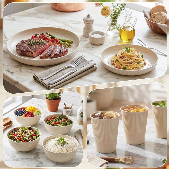 16pcs Wheat Straw Dinnerware Set for 4 People Camping Plates and Bowls Set | Unbreakable Dish Set Reusable Picnic Set, 23cm Plates,20cm Plates, 350ml Cups, 15cm Bowls, Microwave and Dishwasher Safe