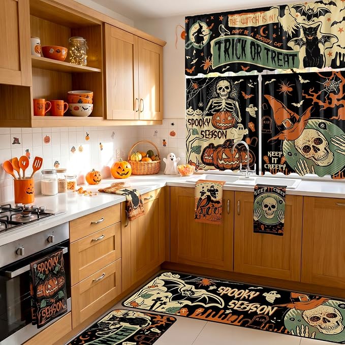 13 Pcs Halloween Gothic Kitchen Set with Towels Terror Forest Bat Nonslip Mats Skull Curtains Valance Pot Holders Oven Mitts for Halloween Kitchen Dining Table Home Accessories
