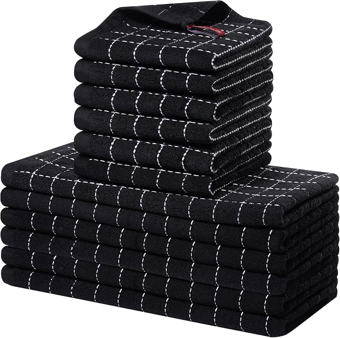 Homaxy Kitchen Towels and Dishcloths Set, Set of 12, Black | Bulk Cotton Terry Kitchen Towels, Checkered Designed, Soft and Super Absorbent Dish Towels, 12 x 12 and 13 x 28 Inches