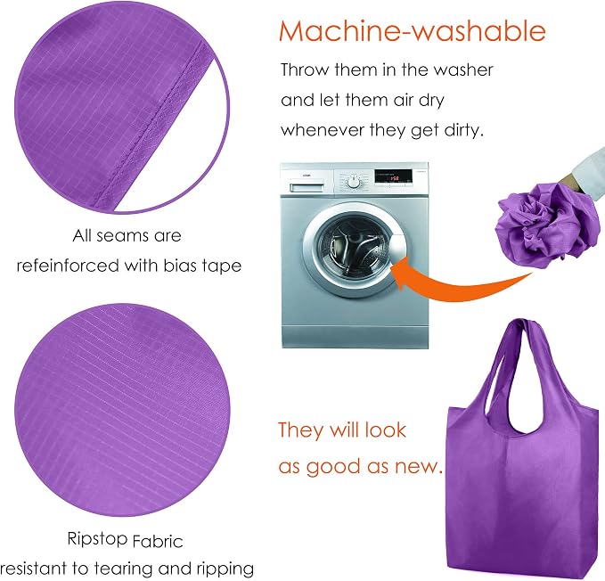 BeeGreen Purple Reusable Grocery Bags Wholesale Purple Reusable Kitchen Bags Bulk Foldable-Machine Washable with Zipper Storage Pouch 50 Packs