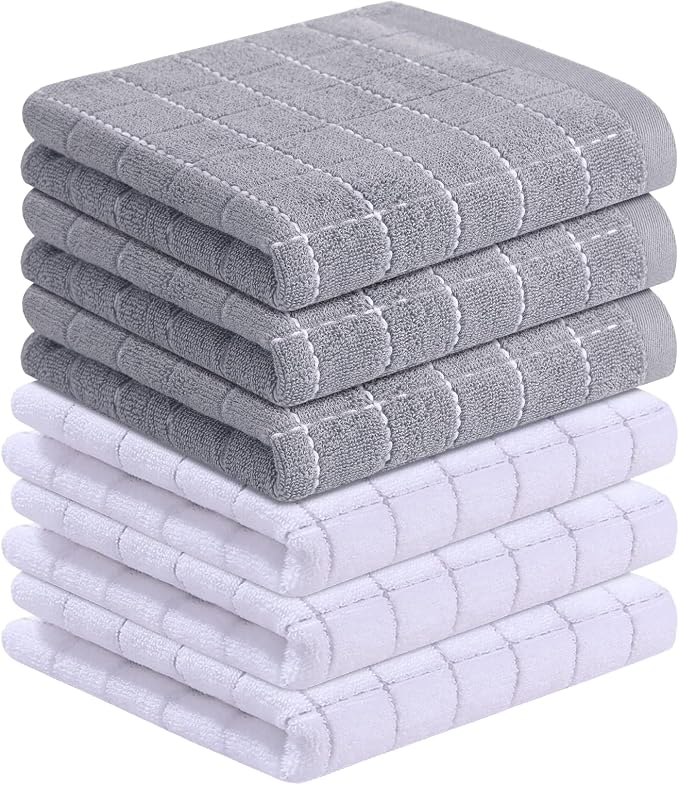 Homaxy 100% Cotton Terry Kitchen Towels, 6 Pack, White and Light Grey | Ultra Soft and Absorbent Dish Towels for Kitchen, Suitable for Drying and Washing Dishes