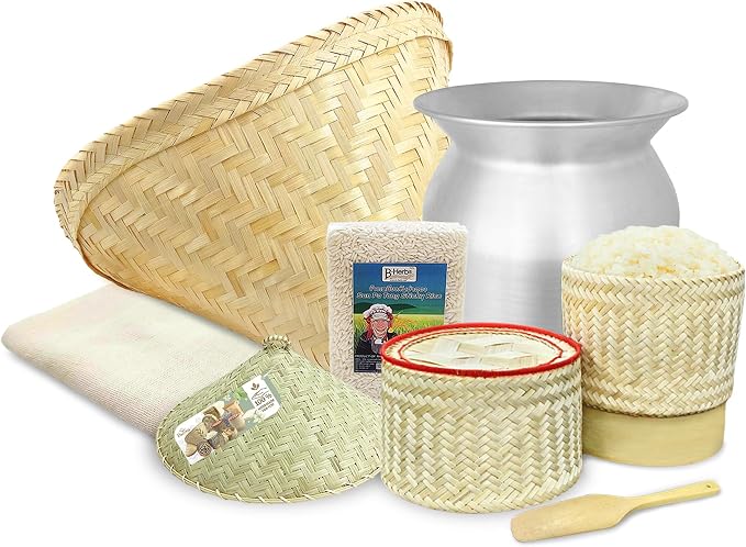 Sticky Rice Deluxe Value Savings Set - Includes Steamer Pot, Handcrafted Bamboo Wing Basket & Lid, 24” Grade 90 Cheesecloth, Kratip & 500 g. Premium Thai Sticky Rice with Paddle