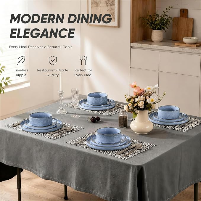 E-far Stoneware Dinnerware Set, 12-Piece Plates and Bowls Sets for 4 | Modern Dishes for Kitchen Dining, Reactive Glazing Ripple Design, Chip Resistant, Microwave & Dishwasher Safe, Reactive Blue