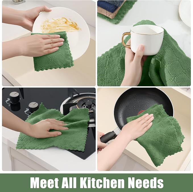 Homaxy Super Soft 12 Pack Kitchen Towels and Dishcloths Set, Grass Green | Ultra-Absorbent, 10 x 10 and 13 x 19 Inches, Coral Velvet, No Lint, Nonstick Oil, Fast Drying, Microfiber Cleaning Cloth