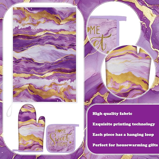 Leinuosen 8 Pcs Purple and Gold Marble Kitchen Towels and Dishcloths Sets Oven Mitts and Pot Holders Absorbent Kitchen Gloves Potholders Heat Resistant for Chef Baking Cooking
