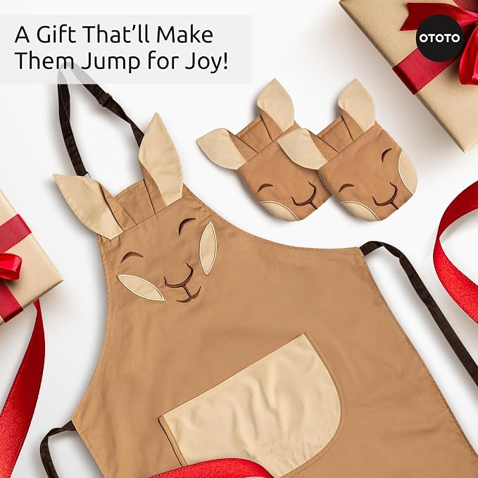 OTOTO Aproo Kitchen Set – Oven Mitts and Chef Apron with Pockets, Cute Cooking Accessories, Funny Kitchen Gift, Kangaroo (Brown Aproo Set)