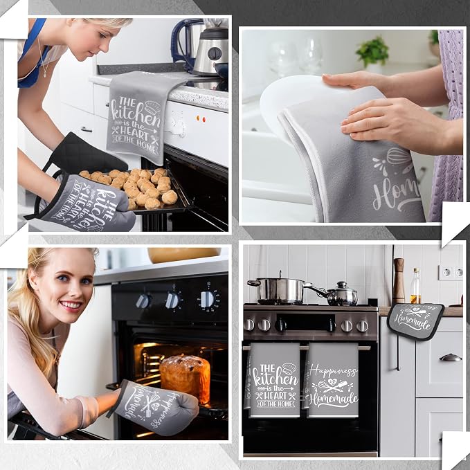 Sratte 6 Pcs Kitchen Decor Accessories Set, Kitchen, Gray | Farmhouse Kitchen Towels Pot Holders Oven Mitts Set 2 Dish Towels 2 Potholders 2 Cooking Mittens for Baking Cooking Supply