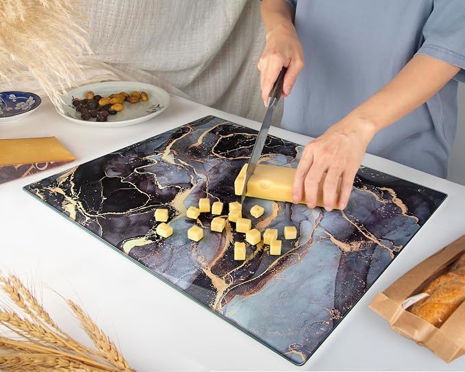 Glass Cutting Board 20”x16”: Tempered Glass Kitchen Counter Protector - Durable- Scratch-Resistant, Heat-Proof - Design 8 - Grey & Gold
