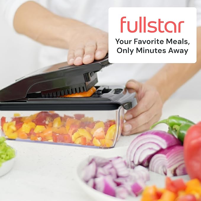 Fullstar Pro Original Vegetable Chopper & Spiralizer, Kitchen Prep Tool | 4 in 1 Veggie Slicer, Onion & Fruit Cutter with Sharp Stainless Steel Blades & Container, All-in-One Food Prep Tool (Black)