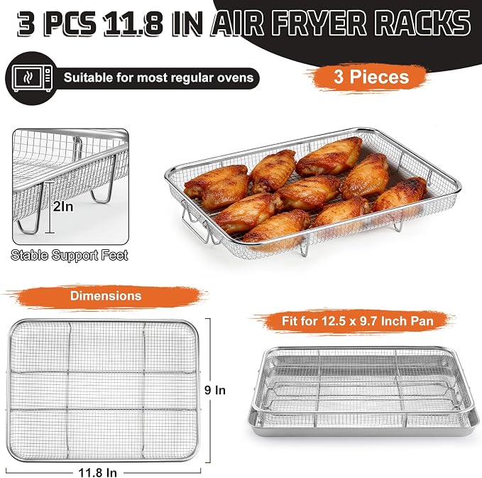 P&P CHEF 11.8 Inch Air Fryer Basket for Oven, Air Fryer Rack, 3 Pieces | Food-grade Stainless Steel Air Fryer Accessories for Frying Cooking Baking Roasting, Ideal for Fried Food, Dishwasher Safe